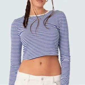 Edikted Blue and White Striped long sleeve crop top
